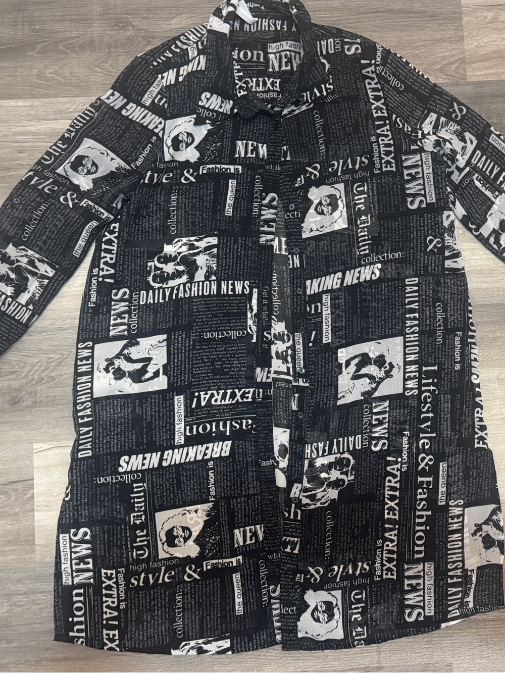 Black & White Newspaper Print Semi-Sheer Meshy Long Button Up Shirt or Dress